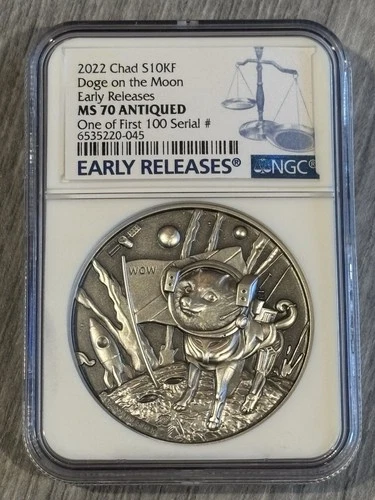 2022- Chad- Doge On The Moon- 2 Oz- NGC-MS70 Antiqued Early Release 1 of 1st 100