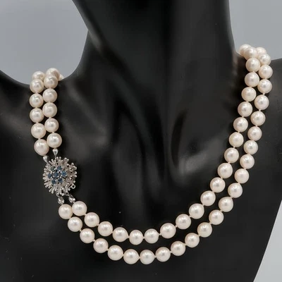 Collier Kette mit Perlen Perl Pearl und Saphir in 750 18kt Weiß Gold 44 cm - Bild 1 von 4