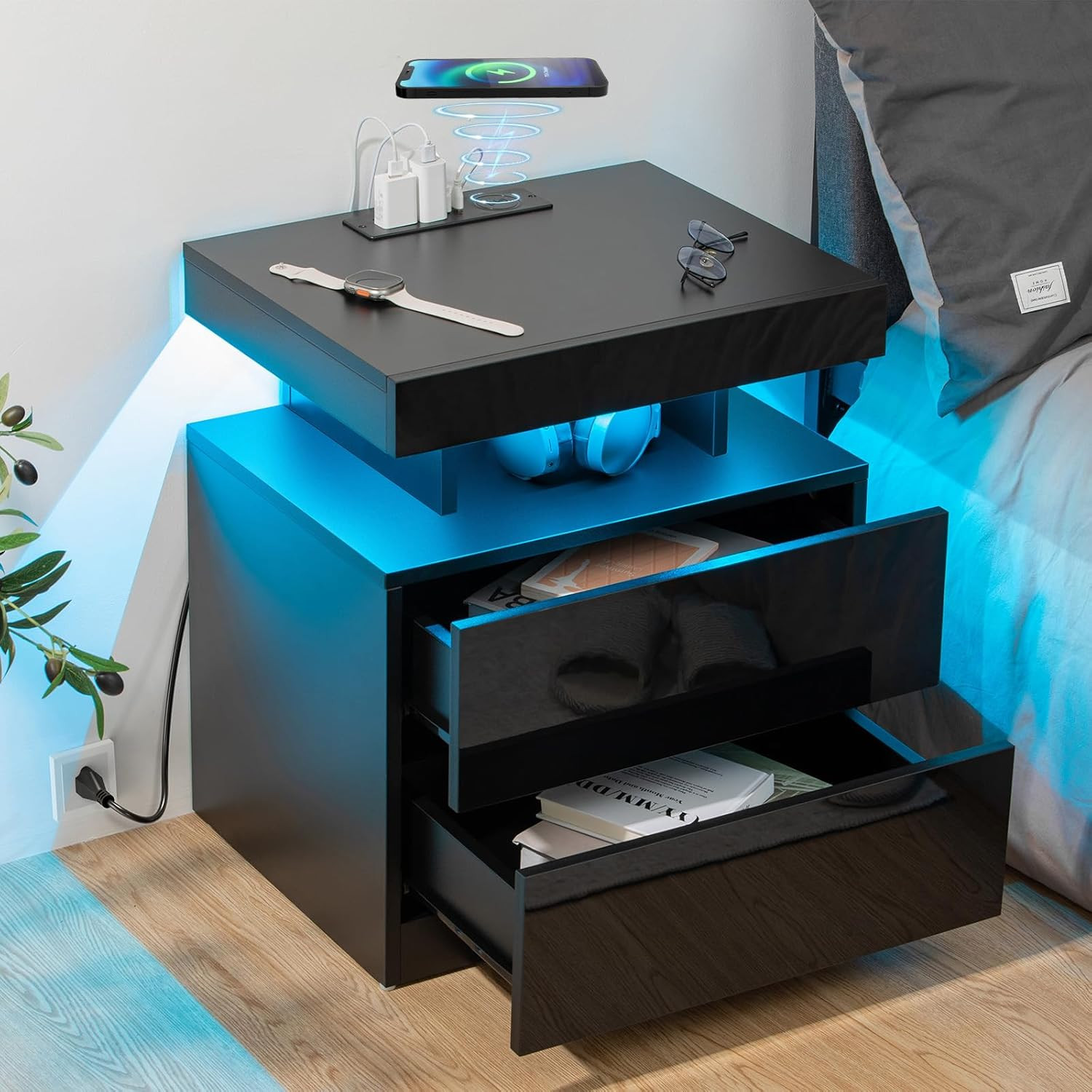 With Wireless Charging & Usb Ports, Rgb Light, 2 Drawers, Black