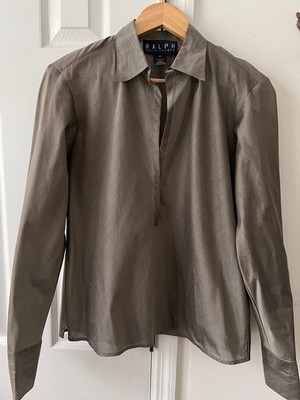 RALPH Ralph Lauren VTG Size 10 Cotton / Silk Voile Blouse Collared Deep V-Neck