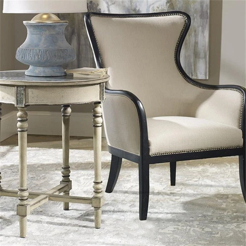 Uttermost Sandy Traditional Wood and Fabric Wingback Arm Chair in Beige - Picture 4 of 12