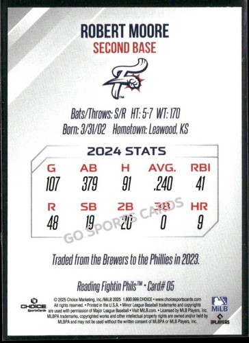 2025 Reading Fightin Phils 2nd Robert Moore RC Rookie Phillies Minor League - Bild 2 von 2