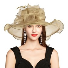 2025 Kentucky Derby Hat for Women Ladies, Organza Veil Feather 4570-khaki