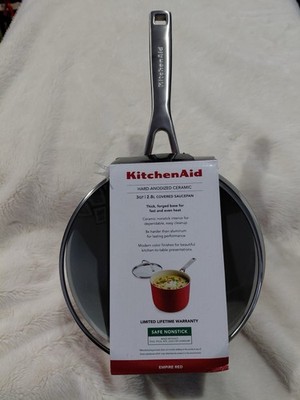Kitchen Aid Hard Anodized Ceramic  Red 3 Qt Sauce Pan With Glass Lid