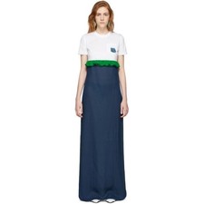 Prada White and Blue Chiffon Long T-Shirt Dress Ruffle Maxi Size S