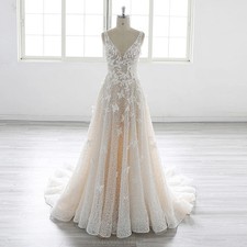 Luxury 3D Lace Flowers V Neck Court Train Heavy Beaded Wedding Dress