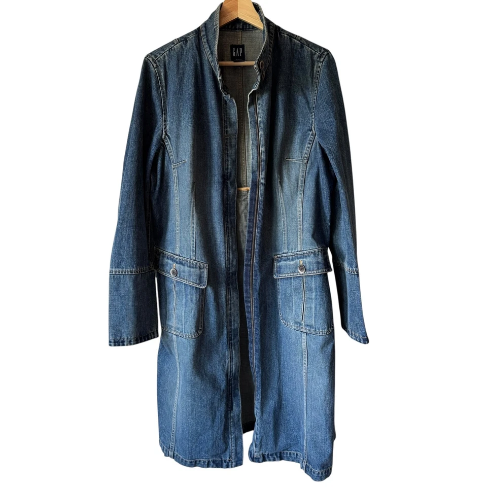 De Colección Y2K Gap Denim Plumero Abrigo Cirujano Puños Cuero Cordones Corsé Bolsillos Grandes Foto 4 de 4