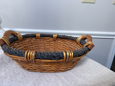 Vintage Wicker Basket Wooden Handles Two Tone Gray Rope Accent Oval Large 15''