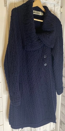Aran Crafts Long Chunky Cable knit Sweater Fisherman Navy Blue Merino Wool XL - Picture 2 of 16