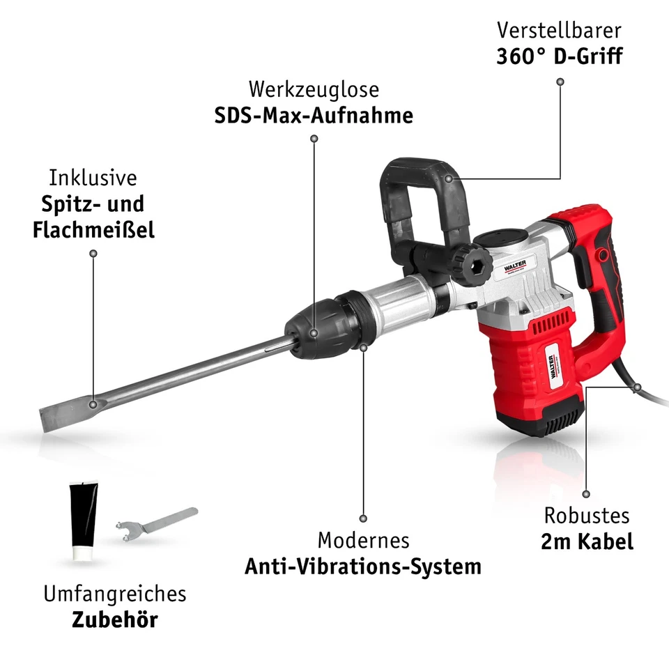 WALTER SDS Max Stemmhammer Abbruchhammer 1300W, inkl Koffer, Spitz- Flachmeißel - Bild 2 von 4