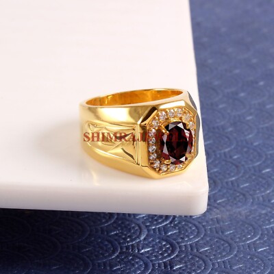 Natural Garnet Gemstone With 14K Gold Plated Silver Ring For Men's #1283