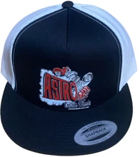 ASTRO CUSTOM WHEELS Flat Brim Trucker Hat Black/White Drag Racing Hot Rod Isky