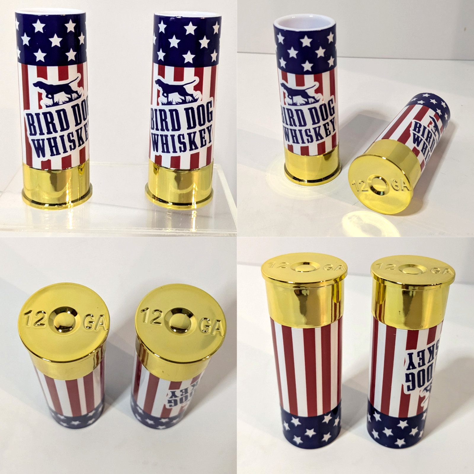 2 Bird Dog Whiskey Shot Glasses American Flag 12 Gauge Shotgun Shell Barware Set