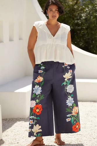 Somerset Linen Wide Leg Pants Anthropologie Pull-On Navy Blue Floral Size S NEW - Picture 6 of 6