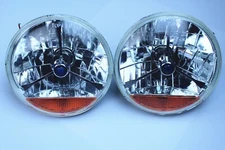 Street Hot Rat Rod 7" Tri Bar Blue Dot H4 Headlights PAIR Amber Turn Signals 12v