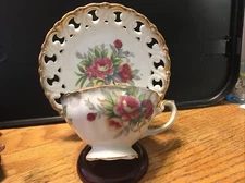 Vintage Footed Tea cup and Saucer Floral Design Gold Trim Reticulated Saucer 75C