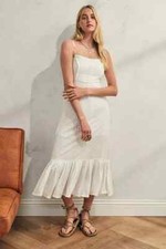 UO Bradley White Midi Dress Urban Outfitters White Strap Tiered Stitching S NWT