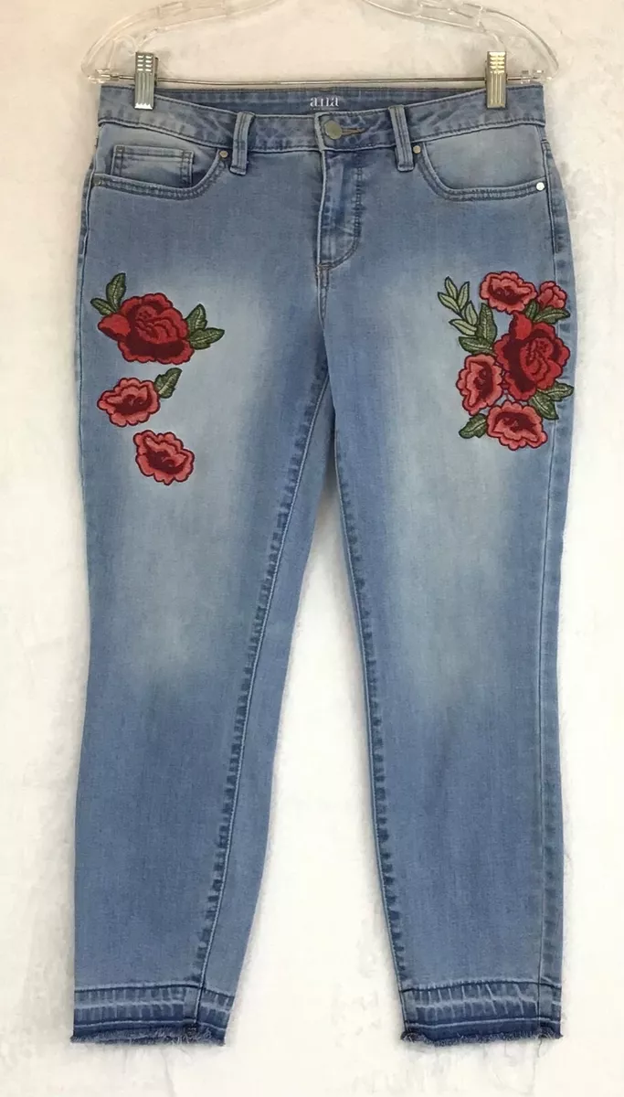 A.N.A. Skinny Ankle Light Floral Embroidered Raw Hem Denim Jeans Size 6