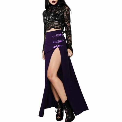 Mujeres Vestido Largo con Correas Faldas Divididas Laterales Gótico Negro Punk Remaches Hebilla Fiesta - Imagen 15 de 16