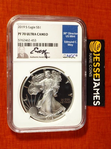 2019 S PROOF SILVER EAGLE NGC PF70 ULTRA CAMEO EDMUND MOY HAND SIGNED BLUE LABEL