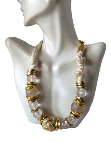 Collana girocollo vintage Margherita Buonanno lucite e perle oro cordino annodato