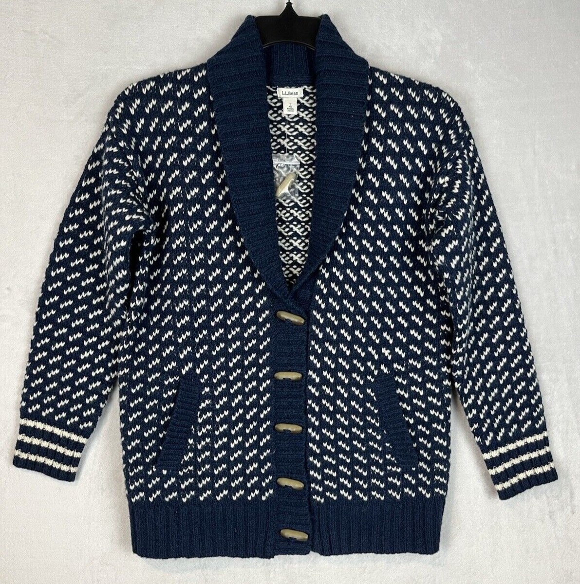 LL BEAN Sweater Women's S Navy Classic Ragg 100% Lambs Wool Cardigan Bird's  Eye