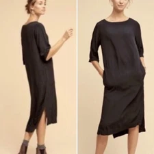 Holding Horses Anthropologie XS Green 3/4 Sleeve Side Slit Shift Shirt Dress