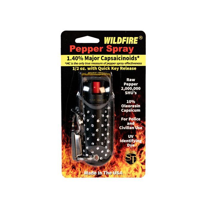 Wildfire&reg; 1.4%MC Small 1/2oz Personal Pepper Spray Halo Holster Black Rhinestone