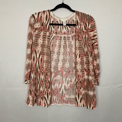 Chico’s Women’s Size 2 Linen Blend Open Front Cardigan - Boho Print, 3/4 Sleeve