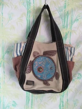 Chala beige brown black canvas leather turtle zip top shoulder tote bag