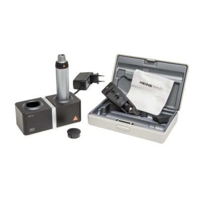 HEINE BETA 200 LED retinoscope set with rechargeable handle and table carrier