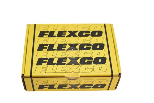Yellow Flexco box with black logo and text, made in USA, showing multiple rows of black “FLEXCO” lettering.