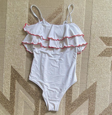 Women  s M Regular One-Piece Swimsuit Spaghetti Strap Ruffle White