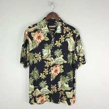 Batik Bay Shirt Mens Large Black Hawaiian Aloha Rayon Floral Camp Polynesian