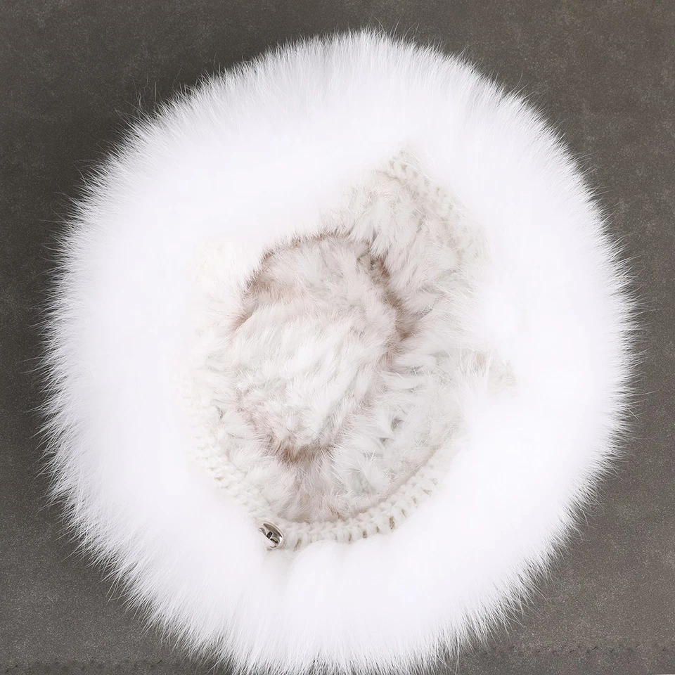 Sombrero de invierno para mujer Sombreros de piel de conejo tejido con ala de piel de zorro grande gorra de cubo Foto 4 de 4