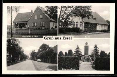Ansichtskarte Essel, Schule, Dorfstraße, Kriegerdenkmal 