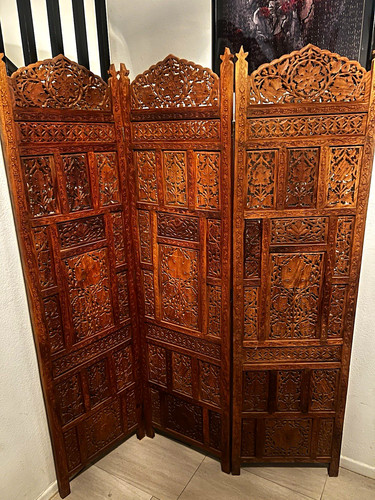 Carved Folding Wood Room Divider Screen, Brown Asian Style Freestanding Floor