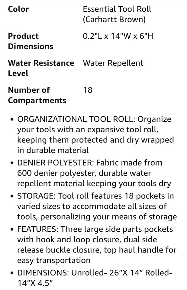 Carhartt 18 Pocket Utility One Size, Essential Tool Roll (Carhartt Brown) - Image 4 of 4