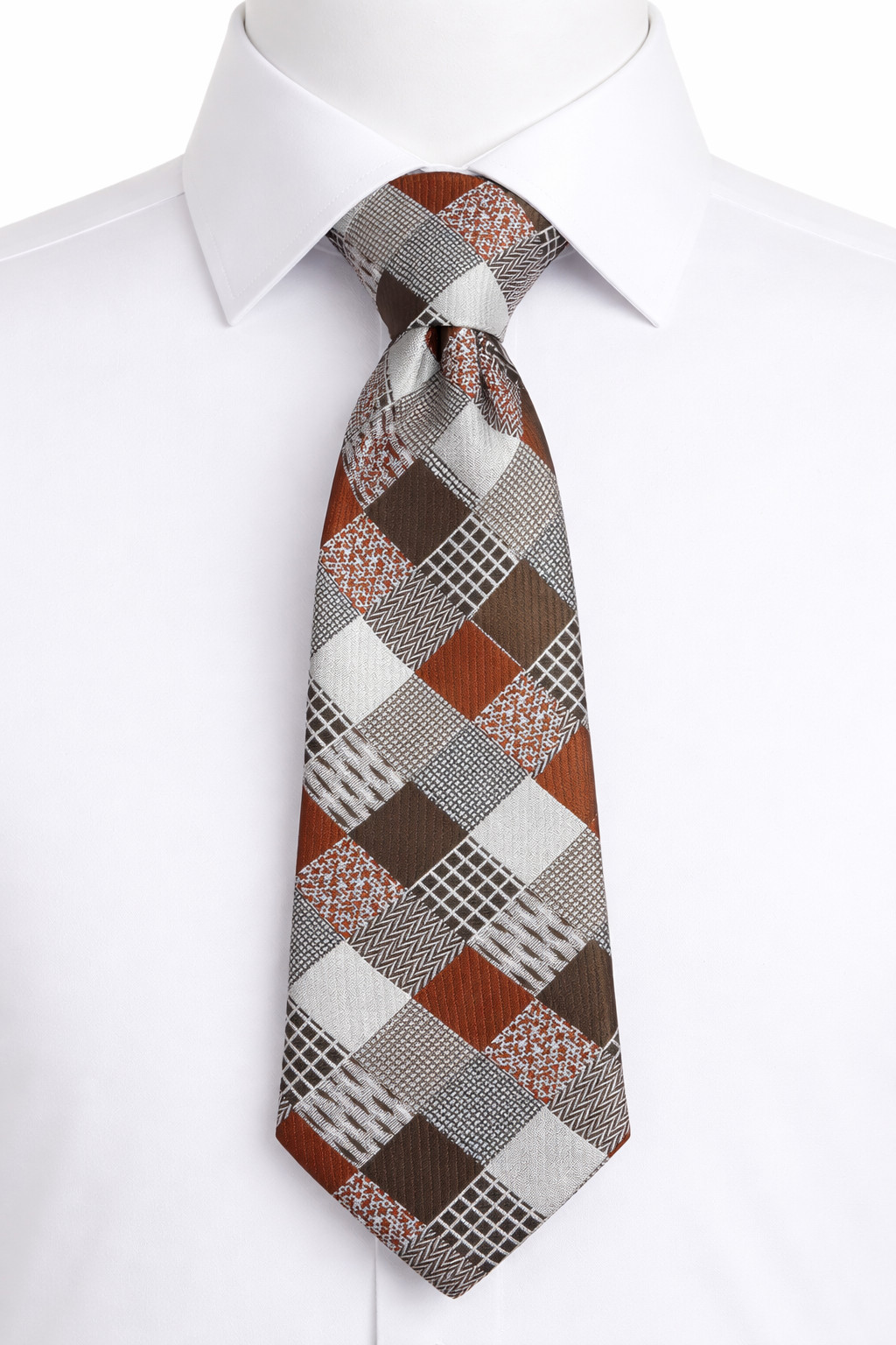 Geometric Patchwork Brown Rust Gray Wide Necktie … - image 1