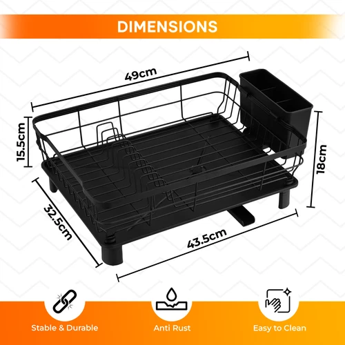 Dish Drainer Rack With 360° Drip Tray Kitchen Sink Drying Cutlery Holder Black - Picture 6 of 8