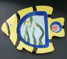 Whimsical Tropical Fish Shaped Tray With Shrimp Dip Cup Ceramic Chip & Dip