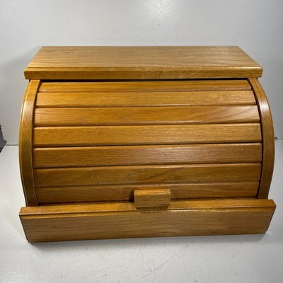 Vintage Oak Breadbox Hinge Lid Fake Roll-Up Look 16x12x10 Light-Medium Stain