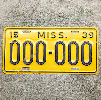 Mississippi 1939 License Plate ''MISS.'' Yellow Tag 000-000