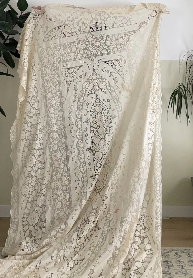 Mesa de lino de trabajo con aguja nupcial 72x126 floral ornamentada de encaje francés antigua rara Foto 2 de 4