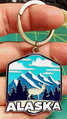 Alaska Souvenir Keychain ALASKA metal key-chain with Mountain scene & cloudy