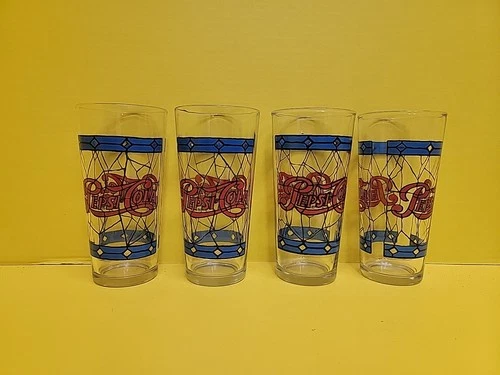 4 Vintage 12 oz Pepsi Cola Stained Glass Tiffany Style Drinking glasses, 1970’s.