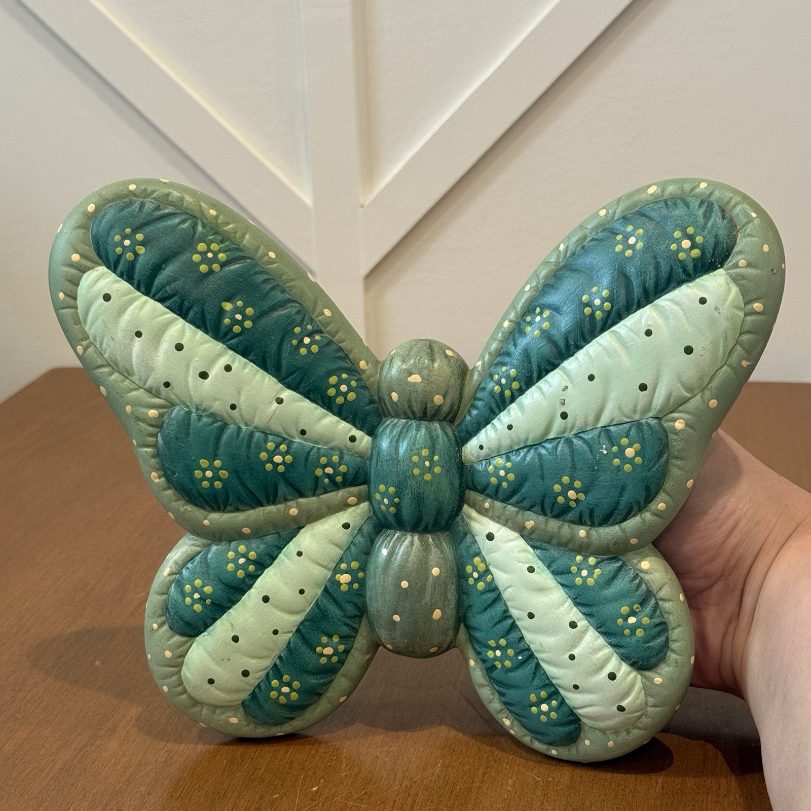 Vintage Ceramic Chalkware Butterfly Wall Hang Quilted Hand Painted Signed Green