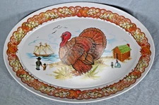Vintage Brookpark Turkey Platter Thanksgiving Pilgrims #1521 Melamine 21" x 15"