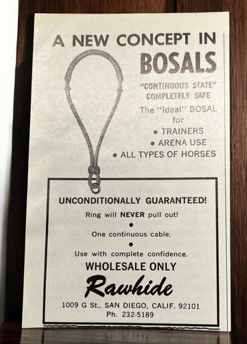 Rawhide Bosals Vintage Mini Print Ad 1970s Horse Trainers Arena Use San Diego CA