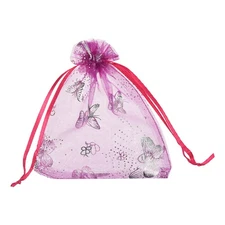 100 Pcs Organza Bag 4"x5" Sheer Butterfly Mesh Bags Drawstring Rose Red-Silver